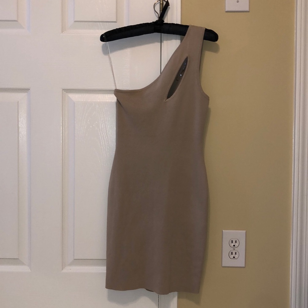 One shoulder taupe cocktail dress